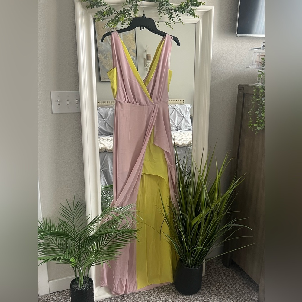 BCBGMAXARIA blush & neon yellow gown (spilts in front) SZ O